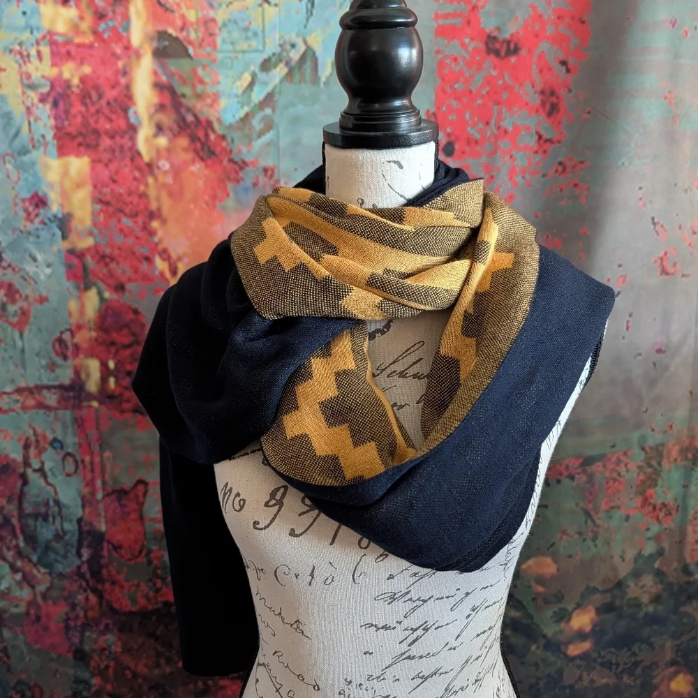 Issey Miyake Pleats Please Navy & Orange Geometric Print Shawl/Wrap/Scarf
